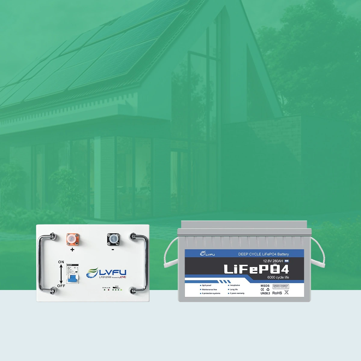 Baterai lithium LiFePO4 LVFU seri LFD pengganti aki lead-acid untuk PLTS off-grid, dipasang Solar Panel Mandiri
