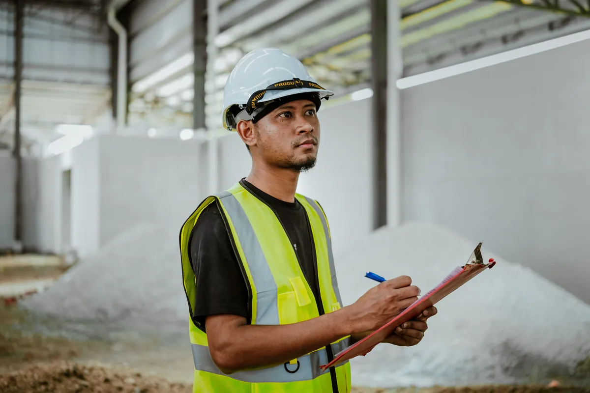 mengapa-memilih-solar-panel-mandiri-1200 Petugas survei berhelm dan berompi keselamatan mencatat hasil pemeriksaan di lokasi proyek