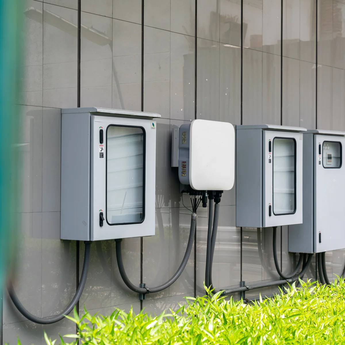Inverter dan baterai sistem PLTS hybrid terpasang di dinding, instalasi Solar Panel Mandiri